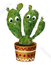 Cute cartoon cactus clip art illustration in flowerpot. Bright watercolor succulent with smiling face isolated on white