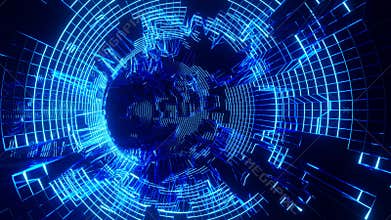 Digital cyberspace, data network tunnel animation background