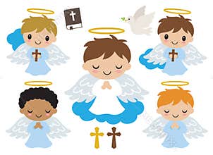 Little Boy Baptism Angels Praying and Holding Cross Vector Illustration.