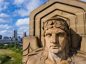 Areial view of face of Guardian of Traffic statue overlooking Cleveland\'s Downtown