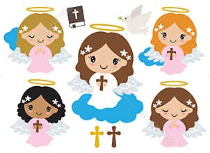 Little Girl Baptism Angels Praying and Holding Cross Vector Illustration.