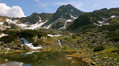 Birds eye view of mountain and lake landscape