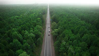 A lonely road with traffic between green forests. Smoke and smog of forest fires. An ecological concept. Saving the