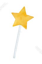 Watercolour illustration of cute magic wand with bright golden star at the end.