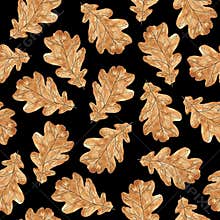 Autumn beige oak leaf on a black background. Seamless pattern. Watercolor illustration. Leaf fall. For printing on fabric,