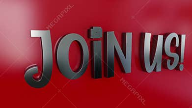 3D chrome text word flying of Join Us animation effect on red