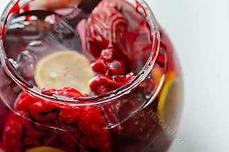 Punch prepared for Halloween party with decorative elements stylized as human organs