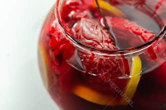 Punch prepared for Halloween party with decorative elements stylized as human organs