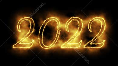 new year 2022 - glowing golden animation of isolated digits, bright neon light - black background - 29,97 fps