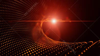Abstract Futuristic Red Orange Digital Technology Wavy Twisted Line Dots In Space With Optical Lens Flare Light