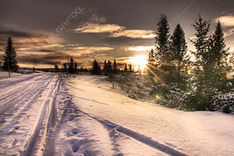 Winter ski track in Norwegian sunset