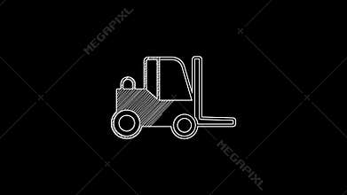 White line Forklift truck icon isolated on black background. Fork loader and cardboard box. Cargo delivery, shipping