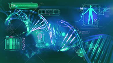 DNA spiral and infographics to it, 3D render.