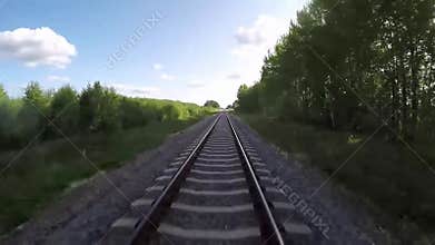 Railway train journey point of view from driver`s view. Track Seen from Train Perspective POV