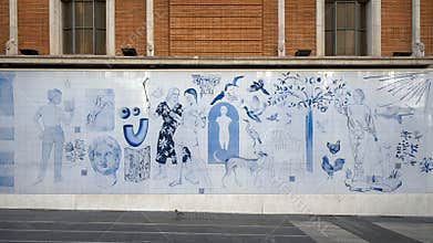 Segment of a large tile mural by Los Bravu in the middle of Madrid`s Gran Via, Spain.