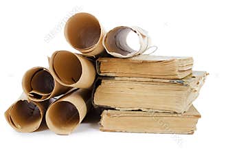 Many ancient scrolls and old books