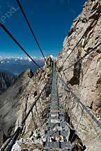 Alpine rope suspension bridge. Sentiero dei fiori, Tonale, Italy