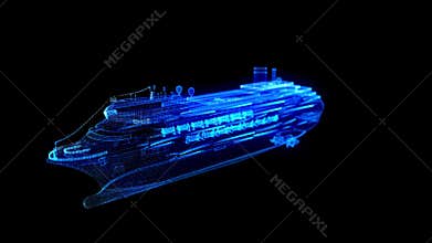 Aerial top view Cruise ship. Blue particles and lines form wire-frame 3d model Cruise ship