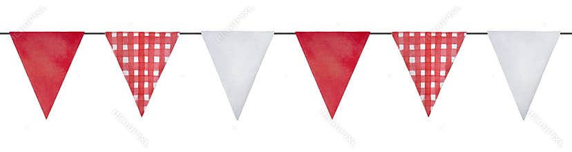 Water color illustration of seamless pennant bunting with red and white gingham checkered flags.