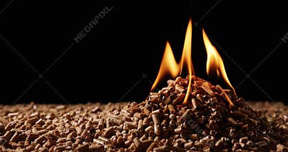 Wood pellets burning. biomass combustion