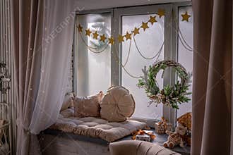 Window sill with New Year's elements - Christmas trees, decorations, Christmas balls. Merry Christmas and Happy New Year