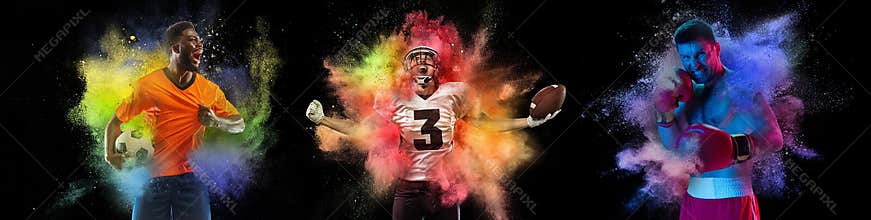 Collage with professional football players and boxer posing in explosion of paints and colorful powder. Sport, fashion