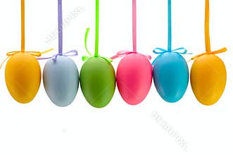 Easter eggs hanging on ribbons. Isolated.
