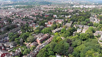 Aerial footage of the Leeds town of Headingley, the footage shows the famous Leeds University campus and the town centre in the
