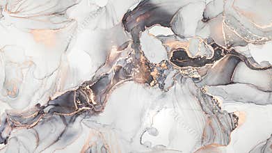 Luxury abstract fluid art painting in alcohol ink technique, mixture of black, gray and gold paints. Imitation of marble stone cut