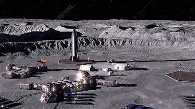 Moon base. Development of the surface of the moon, construction of the base. Colonization of the planet. 3D rendering.