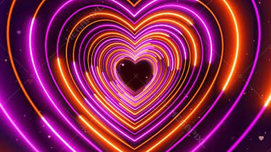 Abstract Romantic Sweet Purple Orange Heart Shape Lines Neon Light Tunnel With Glitter Heart Particles