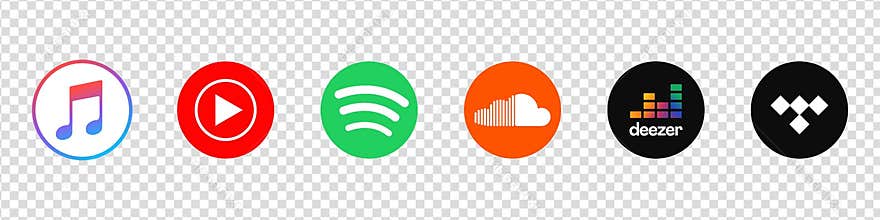 Apple Music, Spotify, YouTube Music, SoundCloud, Deezer, Tidal - a set of logos for popular music streaming services. Vector logos