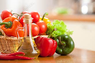 Sunflower oil in bottle and healthy food vegetable