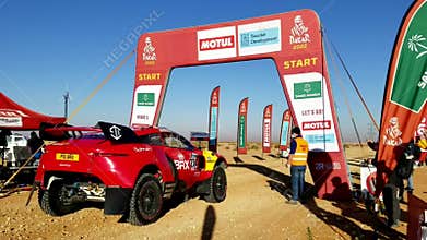 Thadiq, Saudi Arabia - January 6, 2022: The Prodrive Hunter car of the Bahrain Raid Xtreme Team starting Stage 5 of the 2022 Dakar