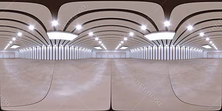 Full spherical hdri panorama 360 degrees of empty exhibition space. backdrop for exhibitions and events. Tile floor. Marketing
