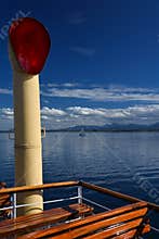 Old ferry crossing the Chiemsee lake, Bavaria, Germany