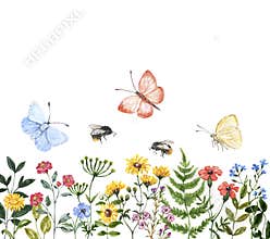 Watercolor wildflowers border. Bright colorful summer flowers, greenery leaves, herbs, bees, butterflies, isolated on white