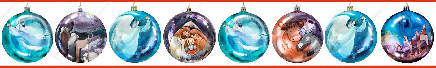 Watercolor border:Christmas balls with a nativity scene, a donkey and a bull, three wise men on camels, shepherds with sheeps,