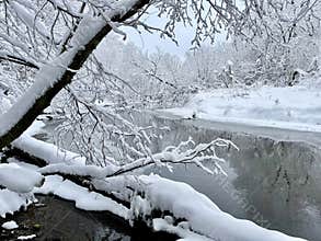 The river is Ozerna in winter. Russia, Moscow region, Ruzsky district