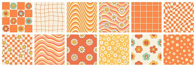Groovy seamless patterns with funny happy daisy, wave, chess, rainbow in trendy retro 70s style.