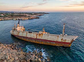 Cyprus - Abandoned shipwreck EDRO III in Pegeia, Paphos, Cyprus at amazing sunset time