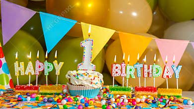 Cream cupcake with a candle for one year, Greeting colorful card happy birthday to a child of 1 year old, birthday cupcake