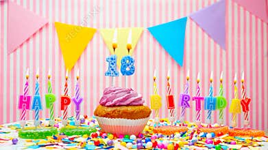 Happy birthday number 18. On a pink background, congratulations on the birthday of an eighteen year old. Muffins with pink cream