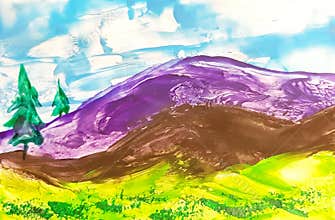 Mountain landscape. Wax landscape, art decoration. Encaustic sketch. Illustration hand drawn modern