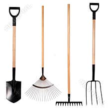 Gardening tools, spade, fork and rake