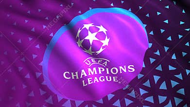 Abstract UEFA Champions League flag with emblem. Motion. Football competition organised by Union of European Football