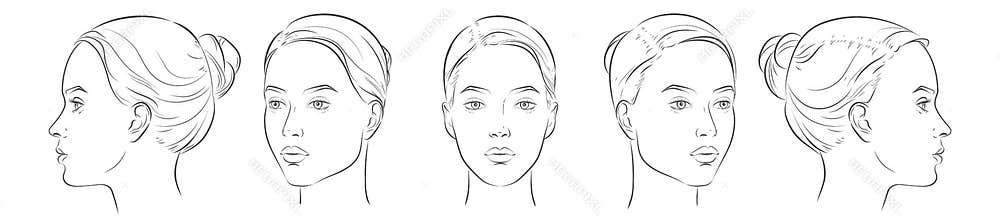Vector woman face. Five different angle view. Set of head portraits young girl. Three dimension front, profile, three