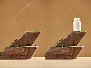 Podium of stone on a brown background, with moss. Stones, moss, cone. Showcase for cosmetic.