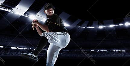 Sport collage with professional baseball player with baseball glove and ball in action during match in crowded sport