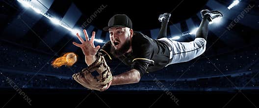 Sport collage with professional baseball player with baseball glove and ball in action during match in crowded sport